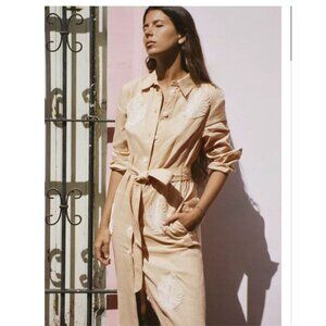 Zara Beige Maxi Shirt Dress Size Medium Linen Beaded Button-Up Tan Bohemian